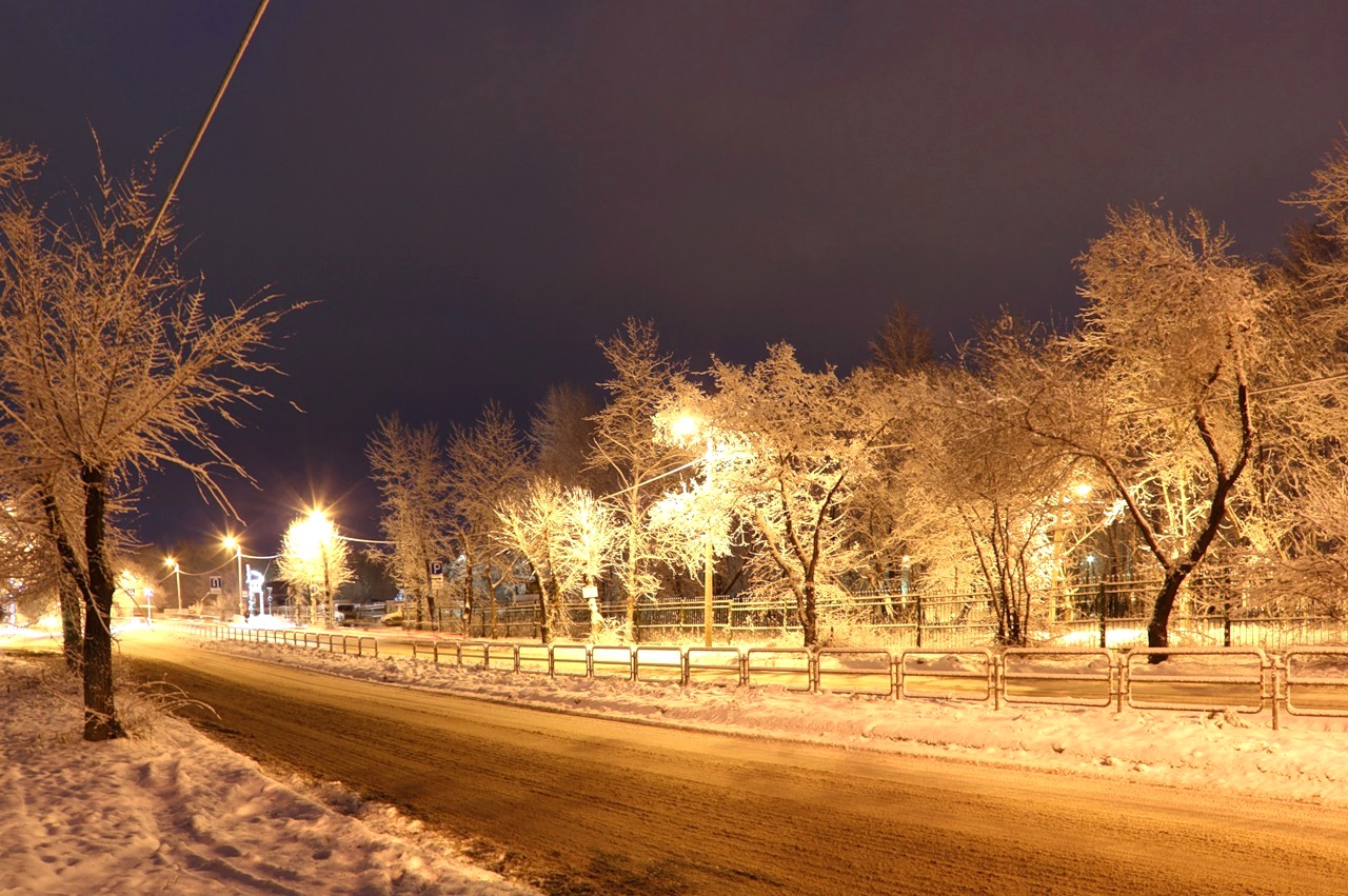Зима, ночь, дорога, улица, город