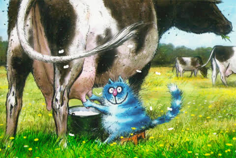 Кот доит корову