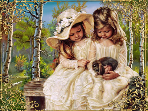 Картина с девочками и кроликом