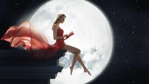 Девушка на фоне луны, блондинка, ночь