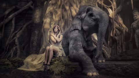 Девушка, слон, мир фантазии