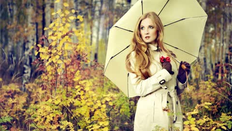 Девушка с зонтом, осень, природа