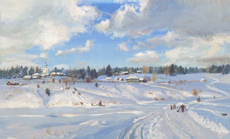Картина зима в деревне