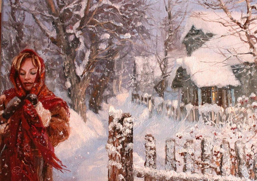 Девушка, картина, зима, деревня