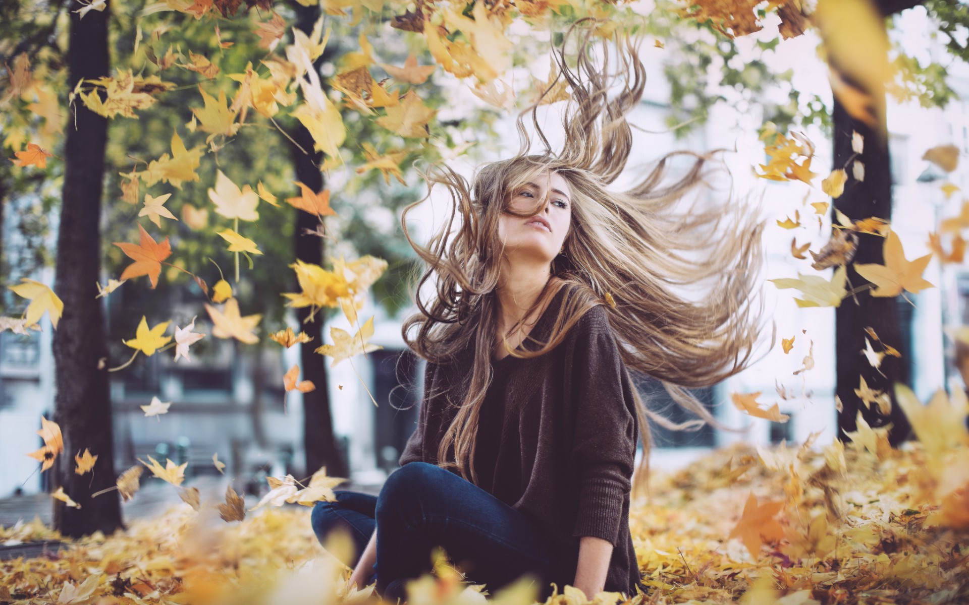 Девушка, ветер, листья, осень