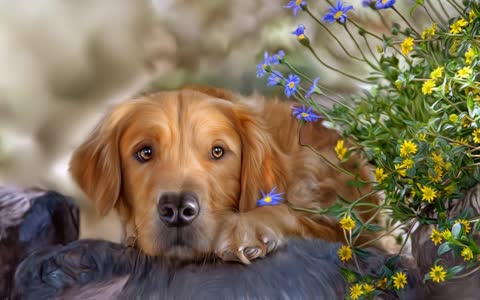 Собака и цветы, абстракция