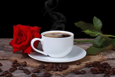 Чашка кофе, красная роза