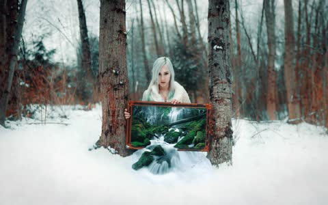 Девушка с картиной, лес, снег