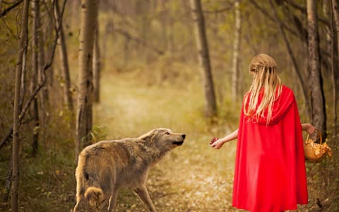 Девочка в красном в лесу с волком