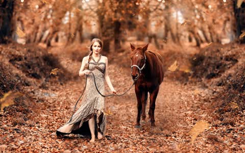 Девушка с конем в осеннем лесу